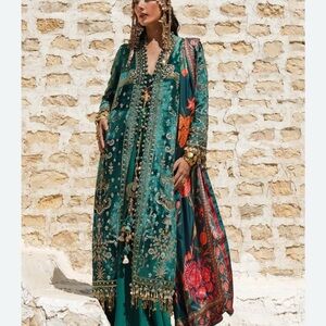 Elegant Teal and Gold Embroidered Dress